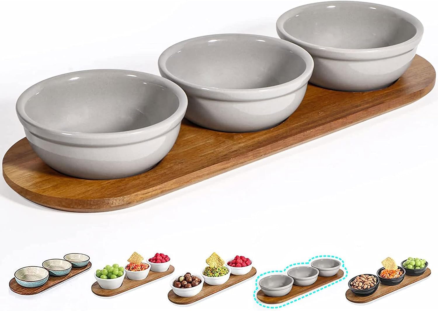 Artena 12 oz Solid Ceramic Chip and Dip Serving Set with Acacia Wooden Tray, 5-inch White Dipping Bowls, Small Serving Bowls for Side Dishes, Salsa, Appetizer, Serving Dishes for Entertaining