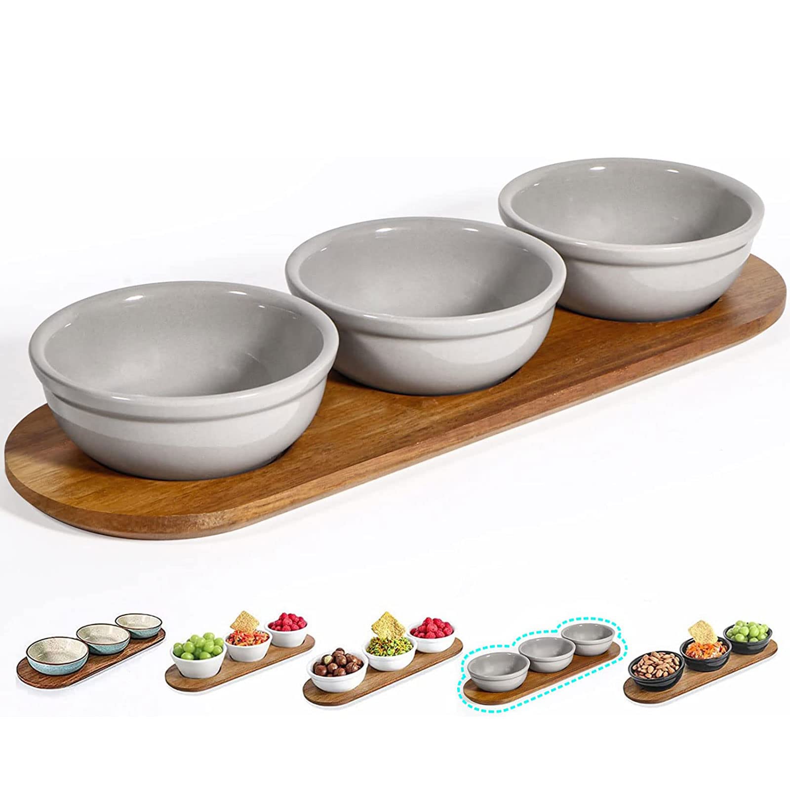 Artena 12 oz Solid Ceramic Chip and Dip Serving Set with Acacia Wooden Tray, 5-inch Grey Dipping Bowls, Small Serving Bowls for Side Dishes, Salsa, Appetizer, Serving Dishes for Entertaining