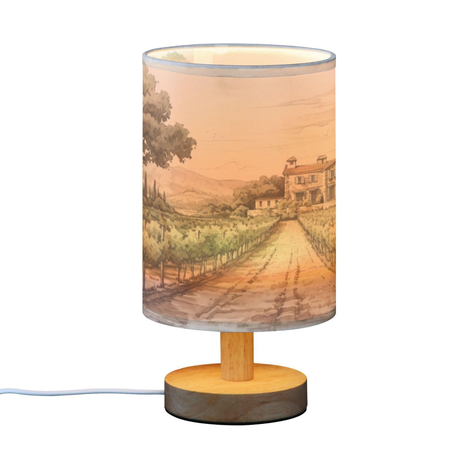 SDMKA Vintage Field Drawing Bedside Table Lamp for Bedroom, Minimalist Nightstand Lamp with Round Fabric Shade for Living Room, Office, No Bulb Required