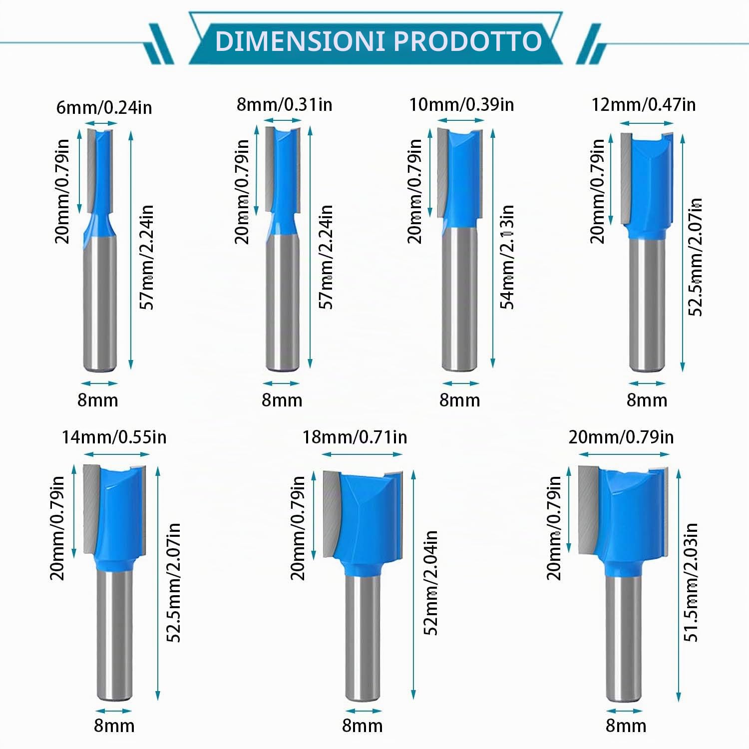 7 Pezzi Set Frese per Legno Gambo 8mm, Doppio Flauto Punte per Router, Fresa a Taglienti Diritti per Lavori Fai Da Te Falegnameria, Diametro di Taglio, 6 8 10 12 14 18 20 mm (7)