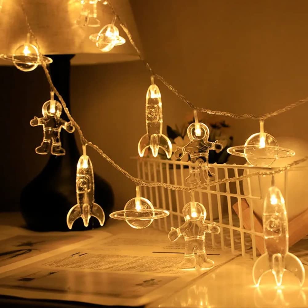 Cadena de luces LED para habitación infantil, astronauta, planeta, cohete, guirnalda de luces para niños, decoración de habitación infantil, fiesta de cumpleaños, decoración de pared (1,5 m, 10 luces)