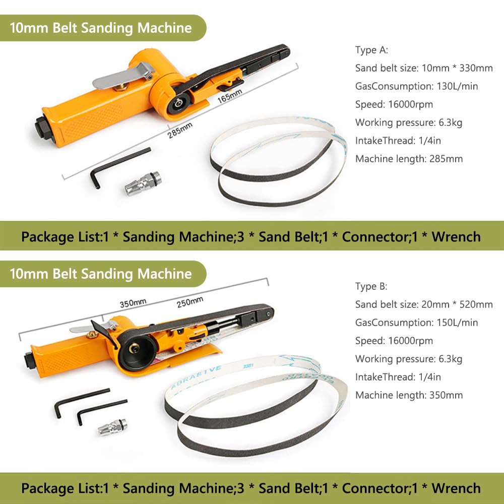 Mini Levigatrice a Nastro 16000 Giri/min, Smerigliatrice a Nastro Regolabile con Angolo di Aspirazione 1/4 Pollice Levigatrice Pneumatica con Cuscinetto Sfera (10 mm)