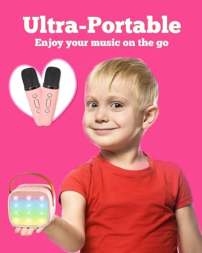 Miniatura 4 de Máquina de karaoke para niños, juguetes para niños, regalo de cumpleaños para niñas, mini altavoz Bluetooth portátil con 2 micrófonos inalámbricos