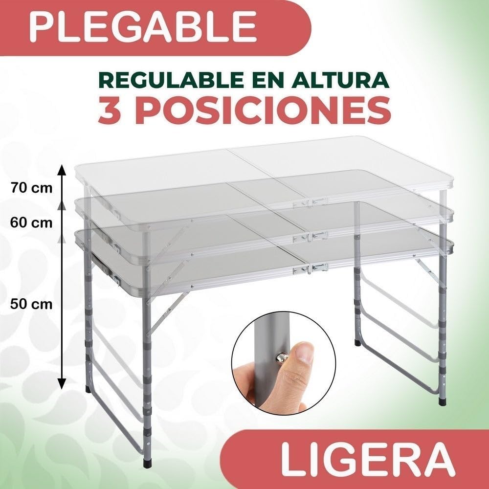 Mesa plegable camping y playa 120x60x70 cm, atura regulable 50-60-70 cm, mesa picnic portátil con asa transporte, patas plegables acero, tablero MDF aspecto madera nogal, gris, antivuelco y compacta.