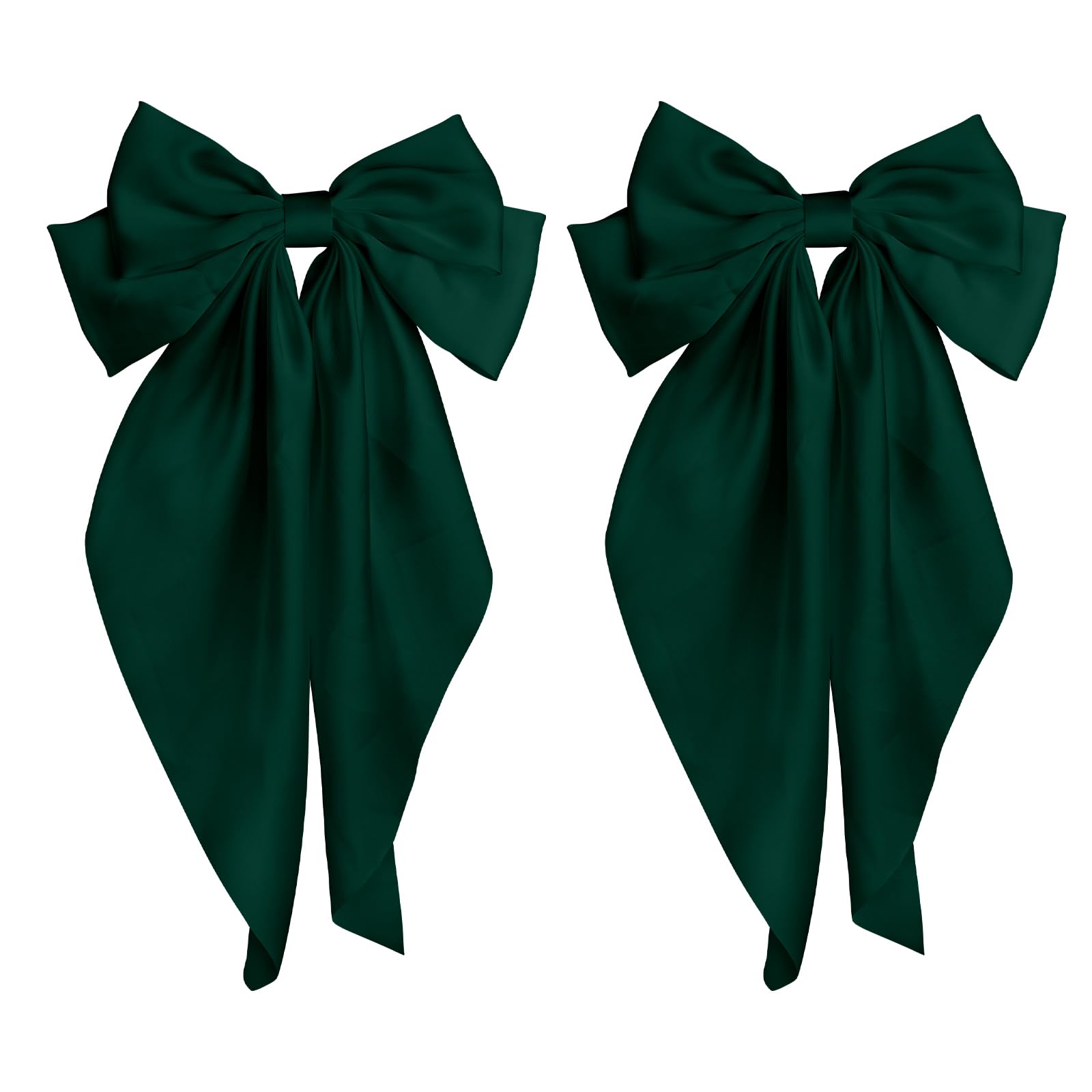 Dark Green Satin Long Tail Large Hair Bows for Women - 2Pcs Wedding Prom Gift Ribbons, Clips and Accessories