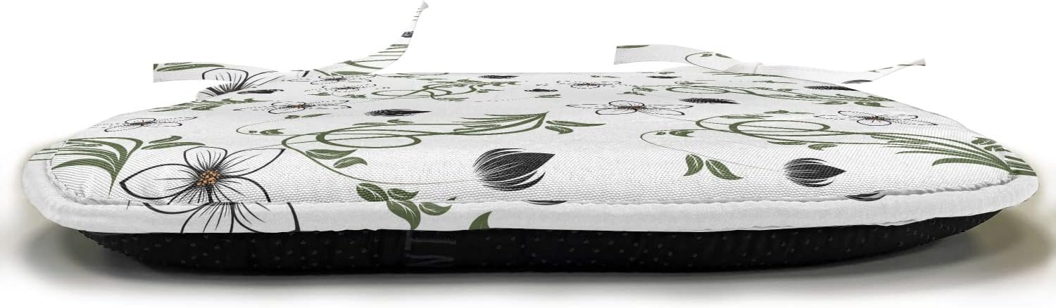Lunarable Flower Chair Seating Cushion Set of 2, Flower Buds Blooms Branches Leaves Swirl Springtime Flourish Curl Doodle Style, Anti-Slip Seat Padding for Kitchen & Patio, 16"x16", Black White