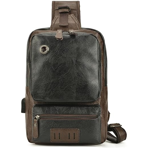 JIANEEXSQ Men's Sling Bag Crossbody Backpack Shoulder Bag Vintage PU Leather Sling Backpack For Cycling USB Charger (Black), 31X26X1.5cm