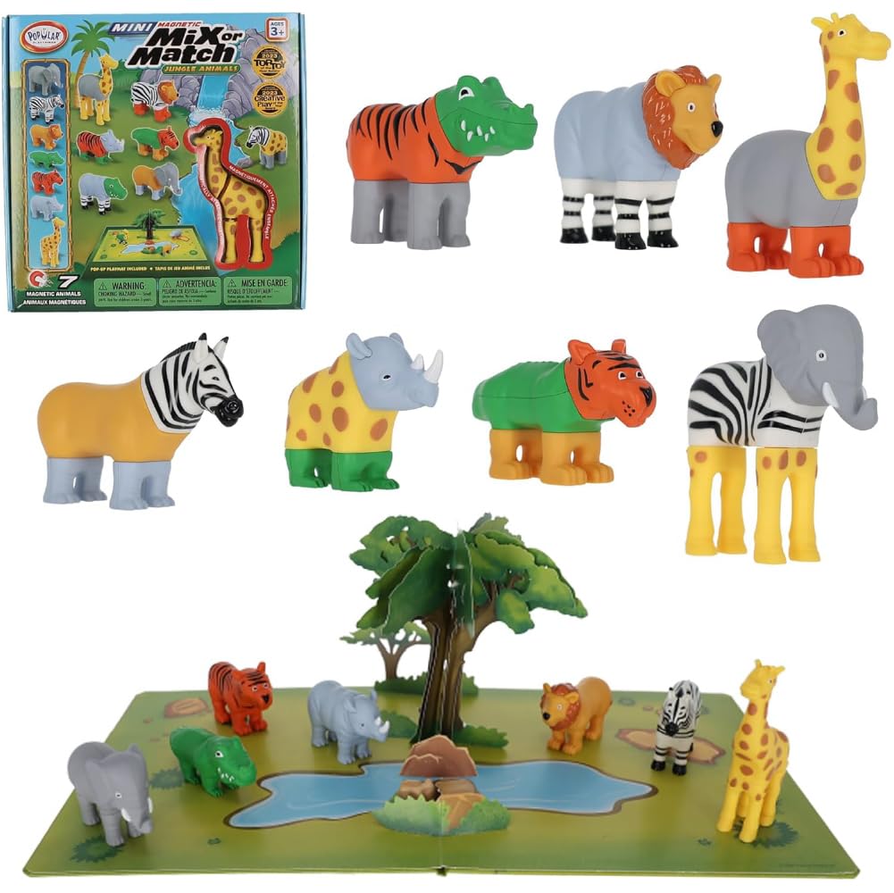 POPULAR PLAYTHINGS Magnetic Animals for Toddlers 1-3, Mini Mix or Match Animal Toys, Set of 7 Gift for Kids - Jungle Animals with Pop-up Playmat
