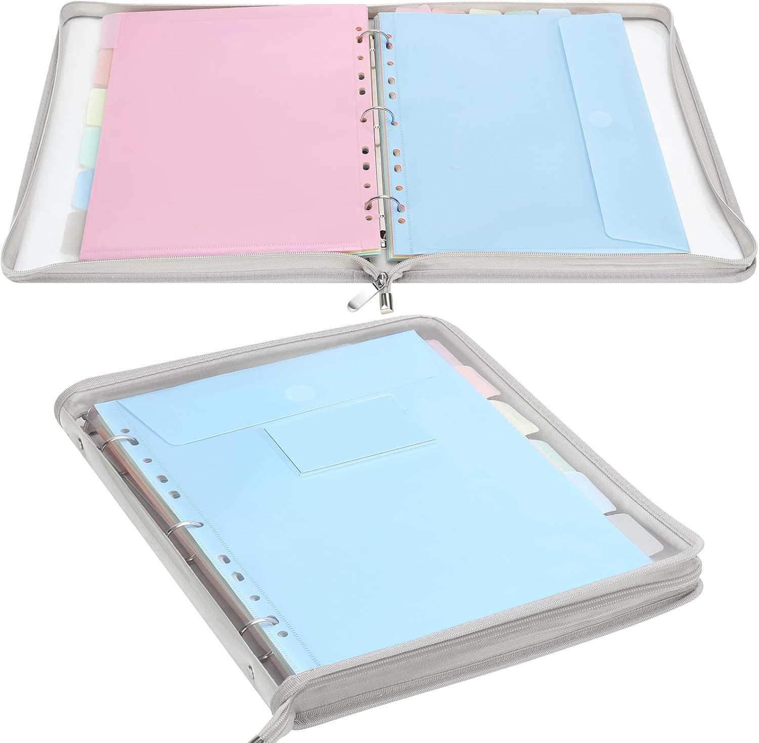Uquelic Document Organizer, Soft PVC Binder with 12 Colorful Pockets - Zipper Binder 3 Ring with Dividers Letter Size (11'' x 8.5'')-Large Capacity Cute Folder for School, Office & Home Use​ (Grey)