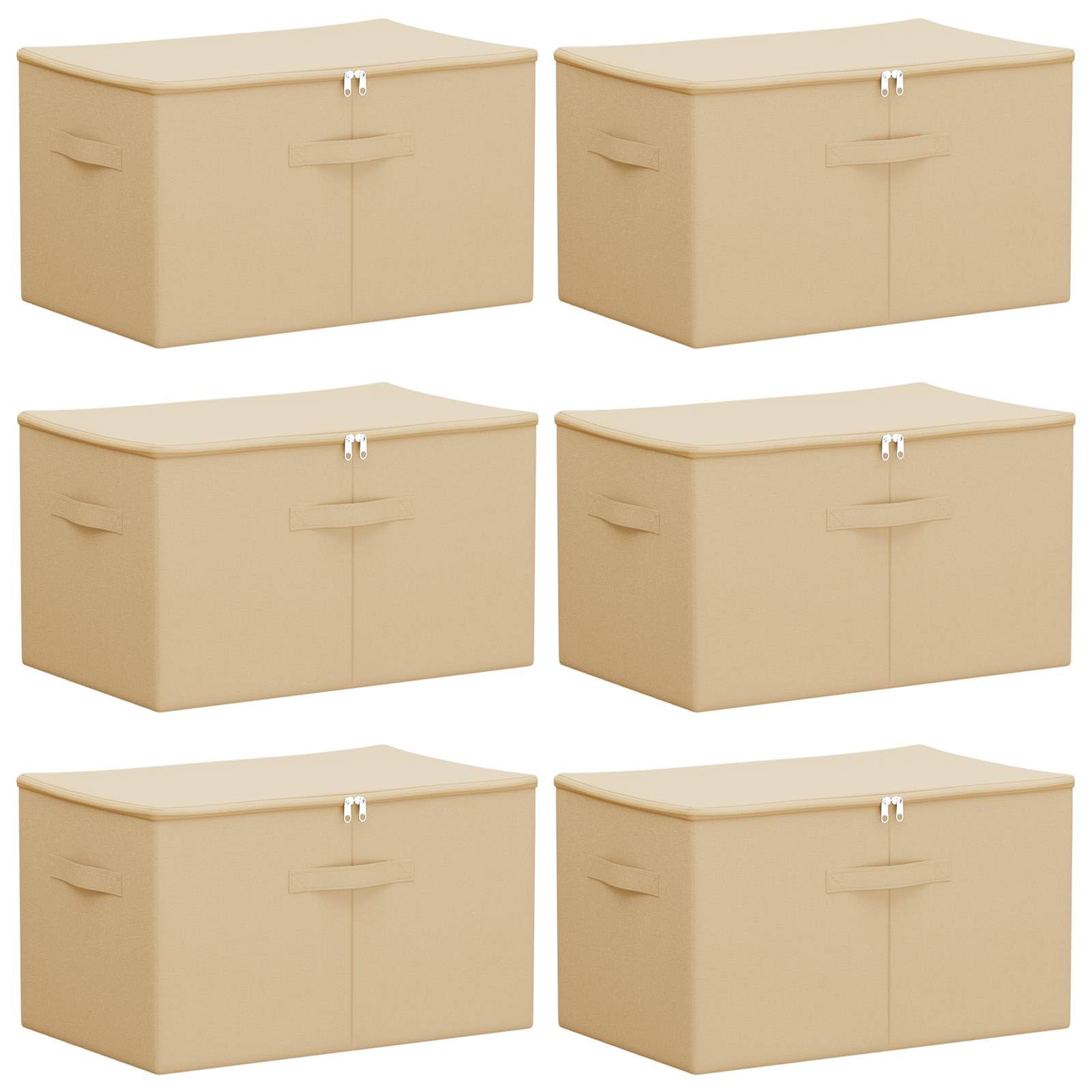 Lot de 6 boîtes de rangement 60 x 43 x 35 cm en tissu non tissé pliable avec fermeture éclair pour vêtements, linge de lit, crème