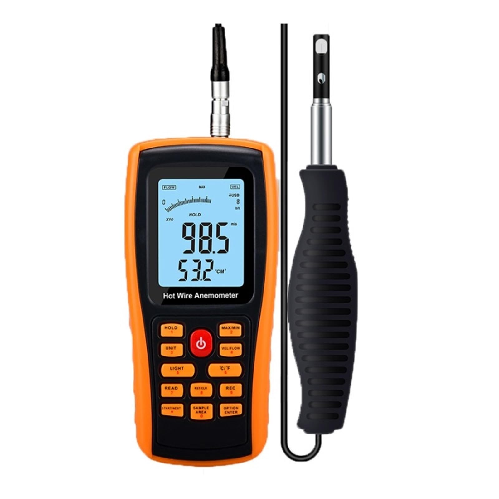 Anemómetro digital portátil de hilo caliente con pantalla LCD de 2,6 pulgadas for medir la velocidad del viento y la temperatura.