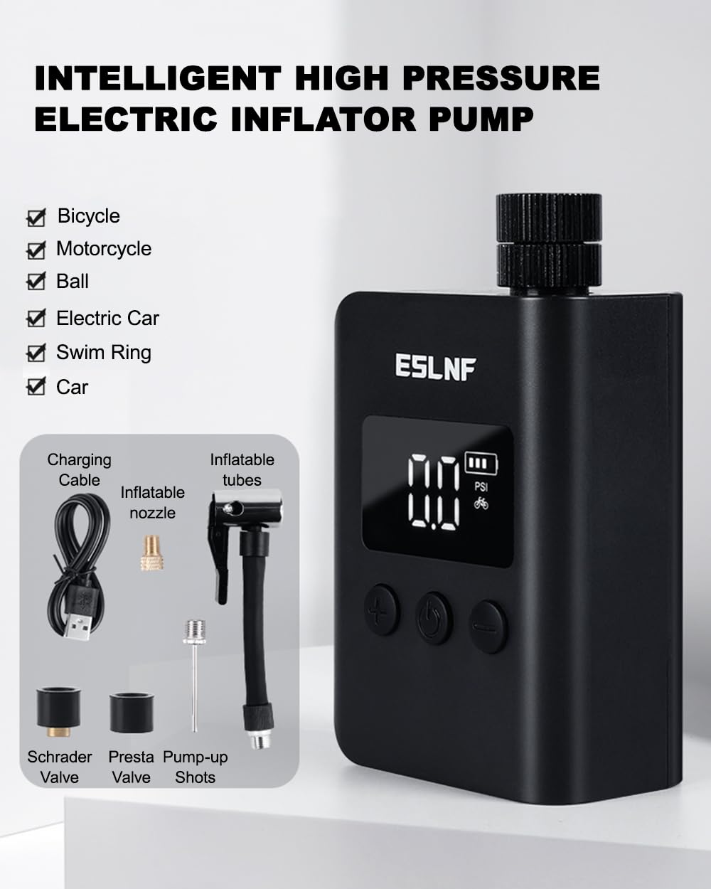 Minibomba eléctrica para bicicleta con medidor de presión digital LCD, ultrapequeña, 120 psi, 500 mAh, batería recargable tipo C, minibombas para bicicletas