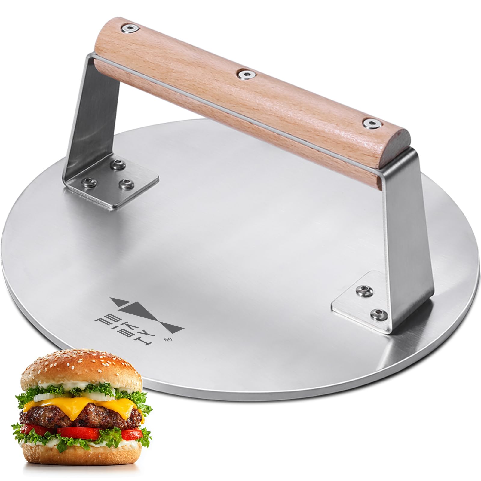 SKY FISH Presse à hamburger Smash en acier inoxydable, 1 650 g, presse à bacon et hamburger robuste avec poignée en bois, outil de presse pour barbecue de 21,6 cm pour steak, viande et crêpes
