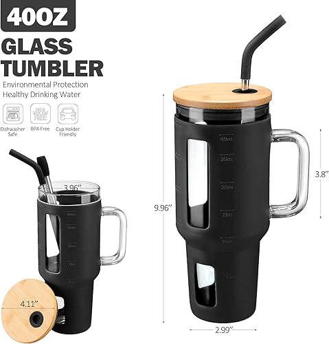 Miniatura 2 de Kodrine Vaso de vidrio de 40 onzas con asa, vaso de café helado con popote y tapa de bambú, taza de vidrio con funda de silicona, marcador de