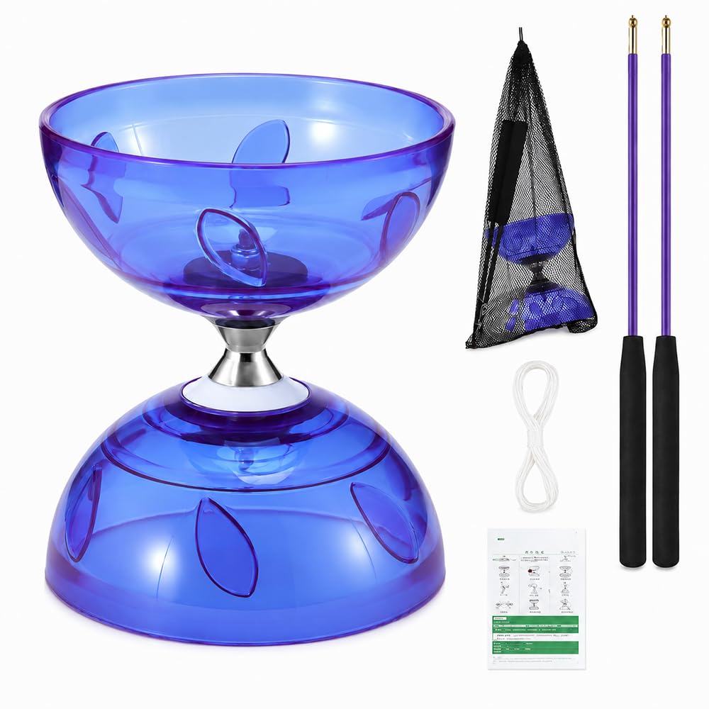 WDKXCN Diabolo with Ball Bearings, Diabolo Juggling Set with LED Light and Handsticks, Transparent Soft Rubber Juggling Set with Replacement Cord and Mesh Bag, Leisure Sports for Beginners