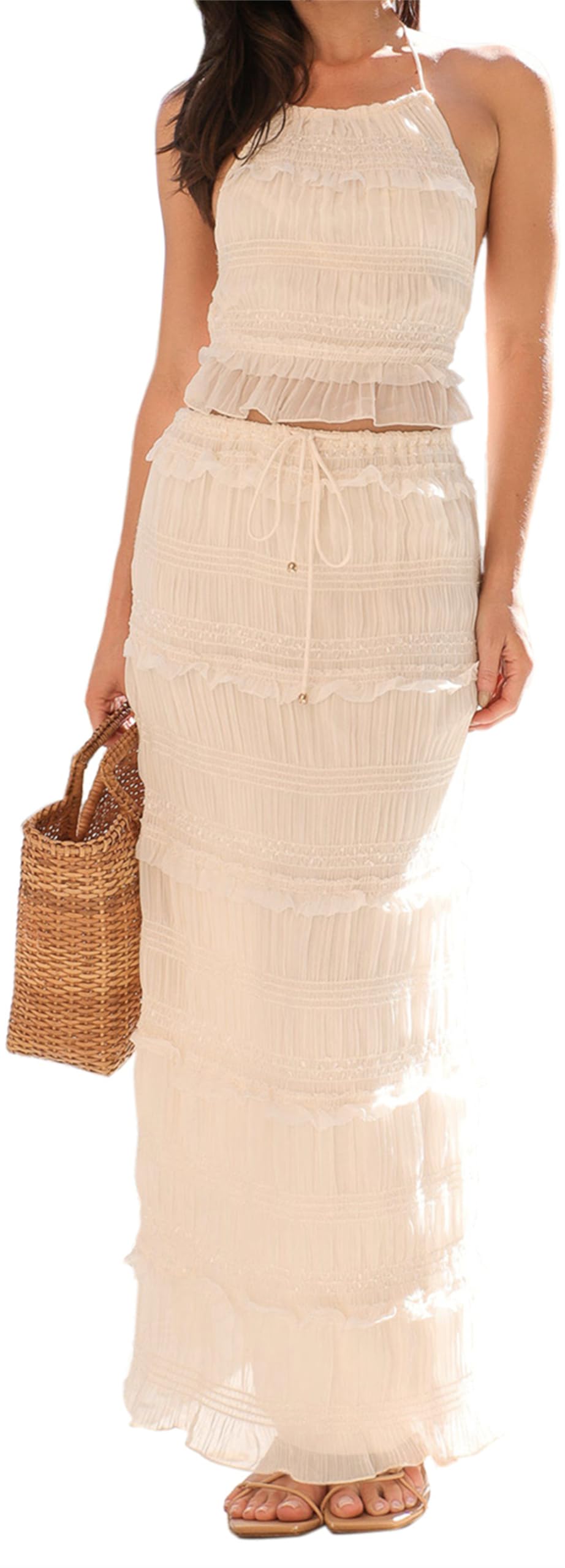 Womens Y2k 2 Piece Outfits Shirred Halter Neck Tie-Up Tank Tops and Ruched Ruffle Maxi Skirt Sets Beachwear