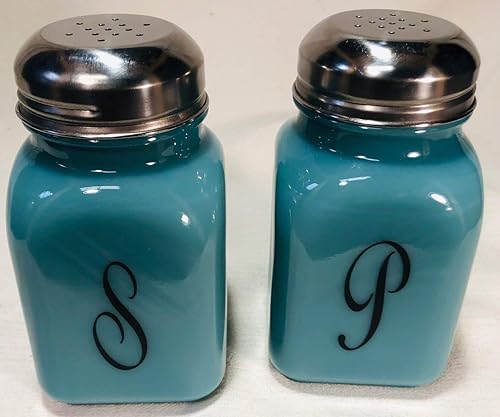 Juego de salero y pimentero, tarro cuadrado con parte superior para estufa, fabricado en Estados Unidos, vidrio Mosser USA (azul Georgia)