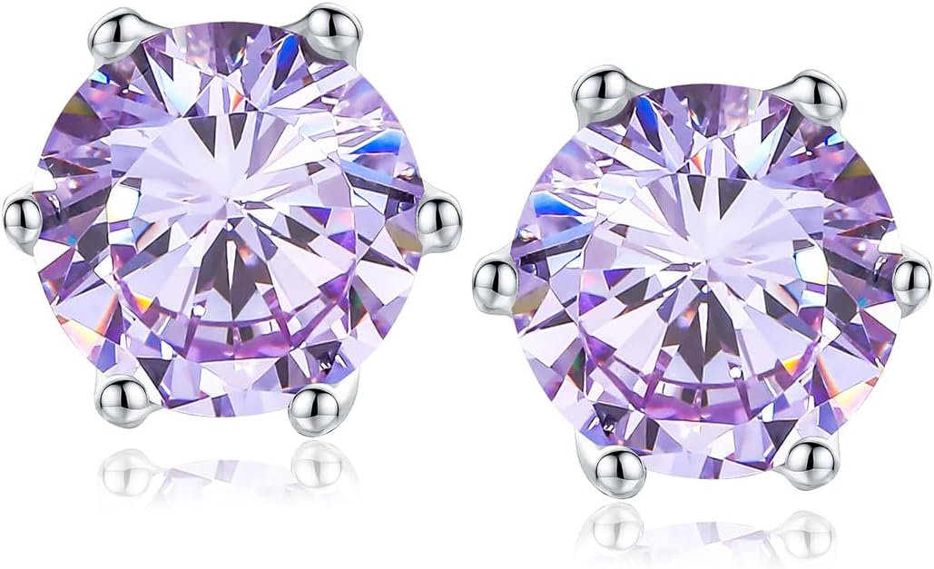 RANDES 925 Sterling Silver Birthstone Earrings for Women Small Stud Earrings Round/Princess Cut Gemstone Earrings Birthstone Jewelry