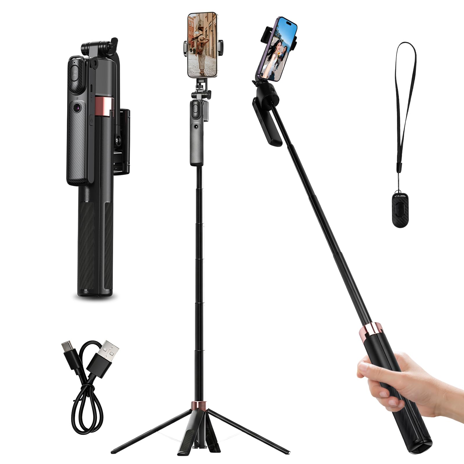 Perche à selfie pour téléphone portable, 160 cm, trépied de suivi du visage de voiture en aluminium extensible avec télécommande pour smartphone, trépied portable pour voyage en direct