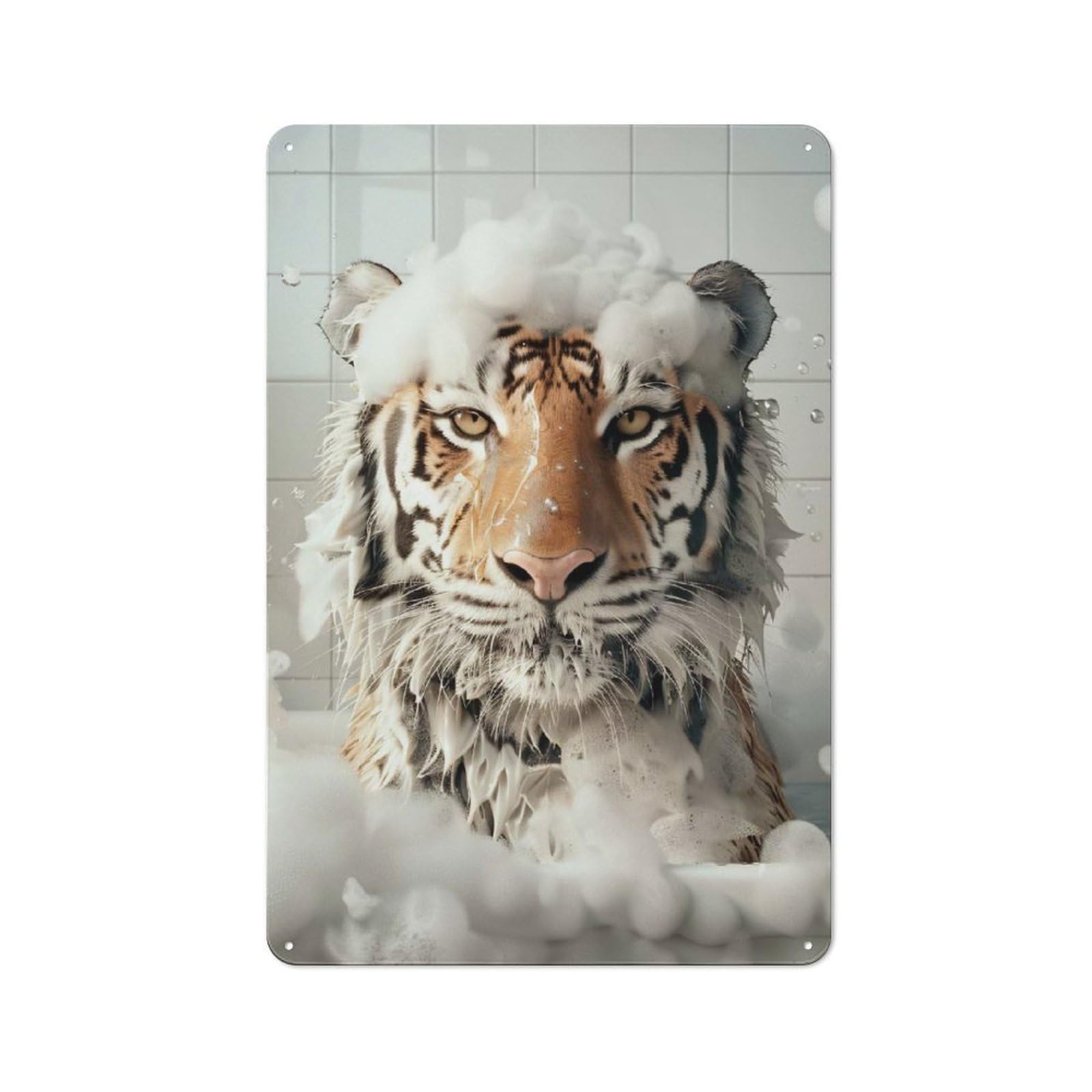 Junmoney Style-1 Workshop Style Tiger In A Bubble Bath Tin Sign 30X20cm, Industrial Wall Art For Garage, Hobby Room, Office Or Man Cave