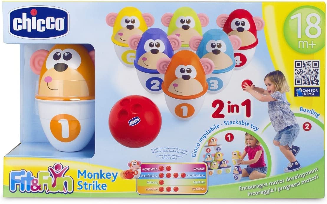 Chicco Monkey Strike Kids Bowling Set - Kegelspiel für Kinder mit 6 trennbaren Pins, stapelbar in 12 Teile, inklusive Kunststoffball - Kegelspielzeug, Geschenke für Kinder von 18 Monaten bis 8 Jahren