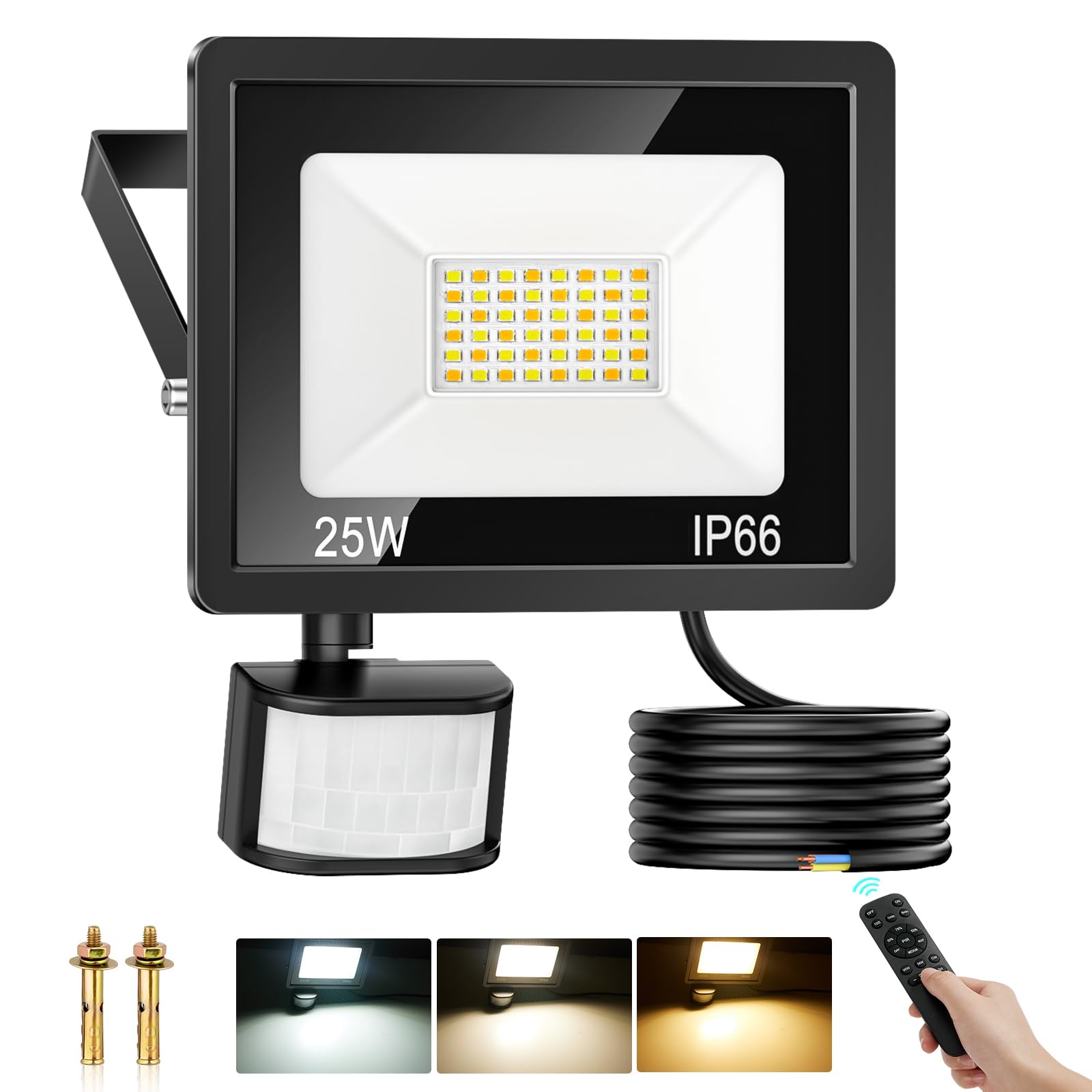 25W Faretto LED da Esterno con Sensore Movimento, 2700LM Faretti LED Esterno Regolabile Caldo Neutro Freddo, IP66 Impermeabile, Super Luminosa Proiettore con Telecomando Per Giardino, Cortile, Garage