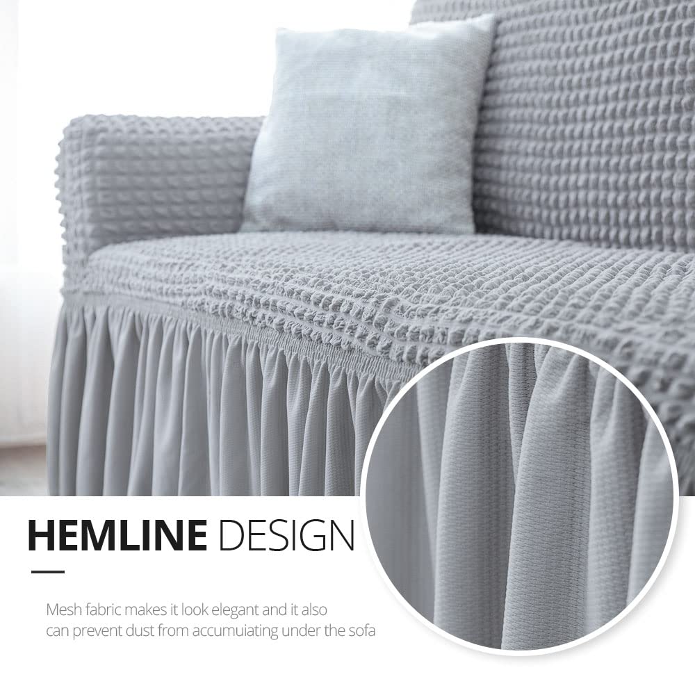 NICEEC Loveseat Slipcover Grey Loveseat Cover 1 Piece Easy Fitted Sofa Couch Covers Universal High Stretch Durable Furniture Protector Love Seat with Skirt Country Style (2 Seater Grey)