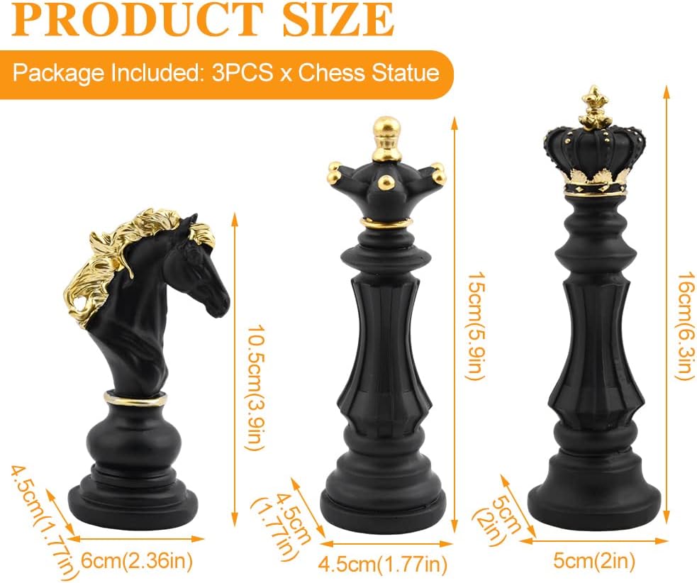EMVANV 3pcs Small Chess Statue Decor Set, Resin Figurine Chess Piece King + Queen + Knight Set for Office, Home, Study (Black)