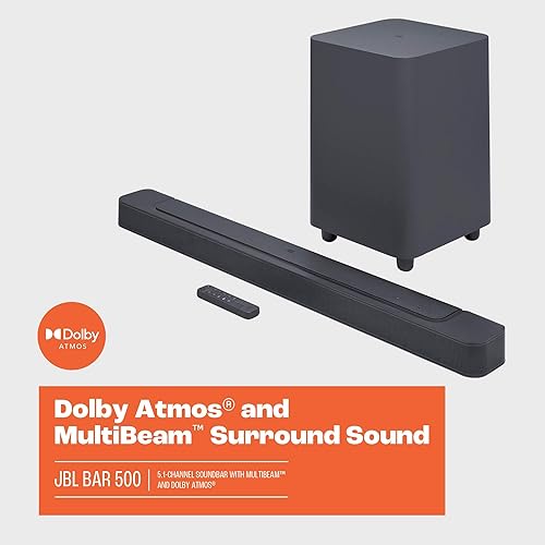 Miniatura 9 de JBL Barra de sonido Bar 500 para TV con subwoofer inalámbrico, multiBeam y Dolby Atmos, barra de sonido de 5.1 canales, salida de 590 vatios,