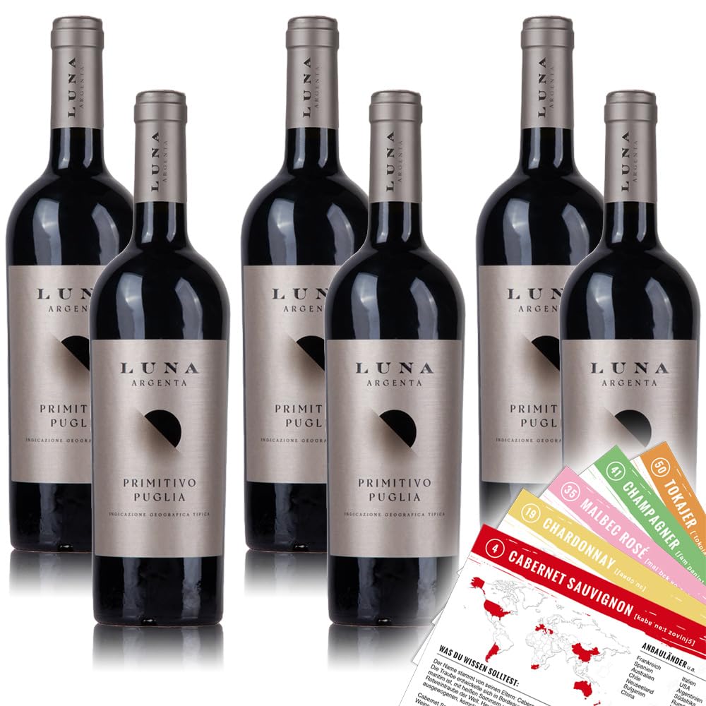 Luna Argenta Primitivo Puglia IGT, halbtrocken, sortenreines Weinpaket + VINOX Winecards (6x0,75l)