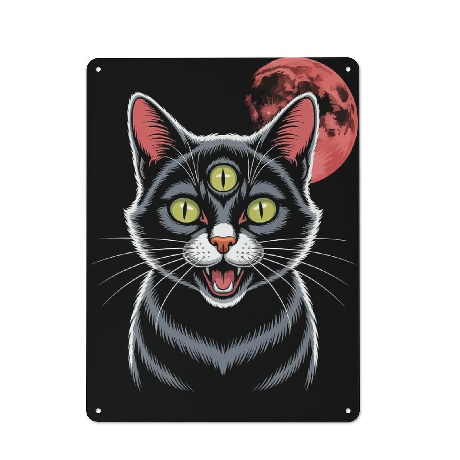Junmoney Three-Eyed Cat With Red Moon Vintage Tin Sign 40X30cm With For Man Cave Or Games Room, For Games Room Collectors