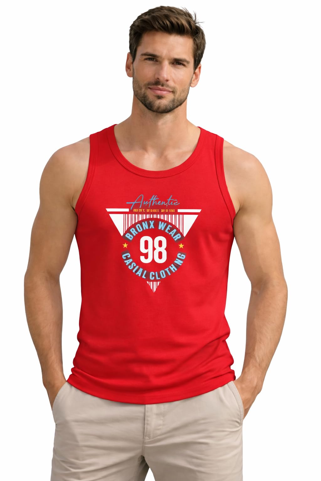 Men's Sleeveless Vest with Authentic Bronx Wear 98 Graphic Print, Round Neck, White-image-15