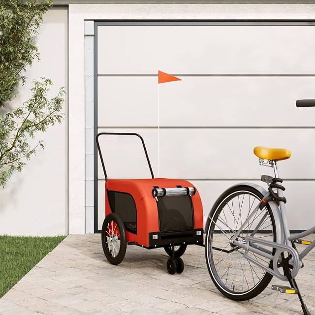 Foto 2 de 8 de vidaXL Remolque de Bicicleta Mascotas Hierro Tela Oxford Naranja Negro
