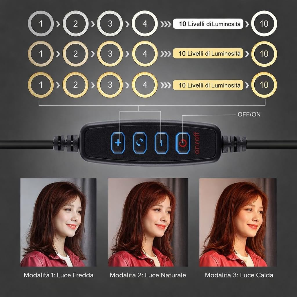 Lampada ad Anello LED 12" 30cm Regolabile per Selfie Video Foto Treppiede 3 Modalità Illuminazione