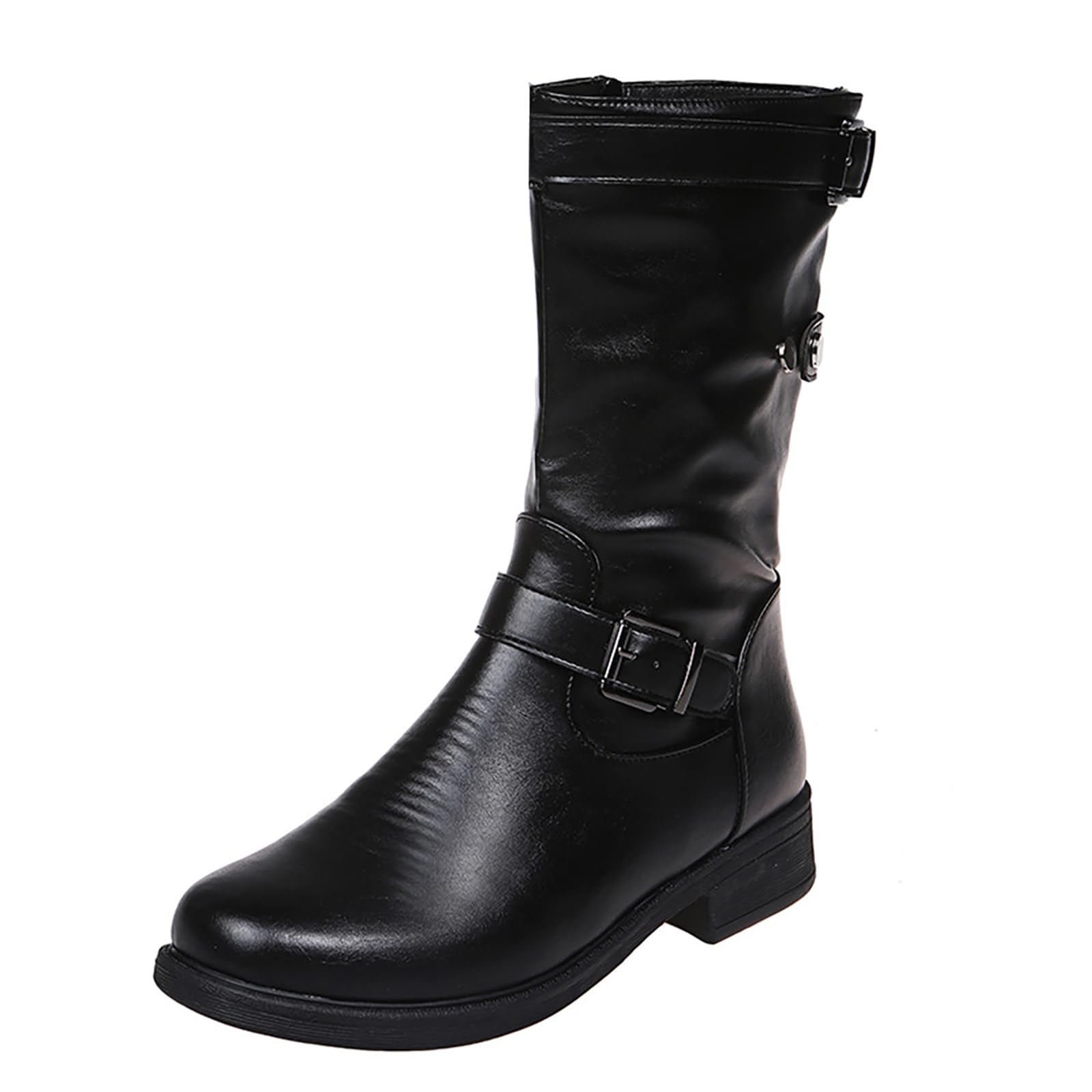 Unifizz Womens Closed Round Toe Buckle Side Zip Slouch Flat Heel Mid-Calf Boot