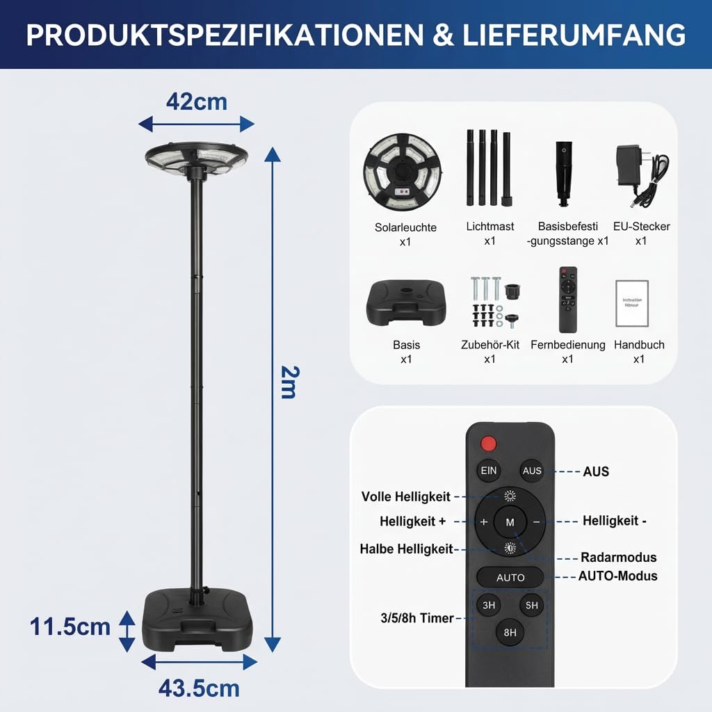 Solar Straßenlaterne Außen Stehend, Solarlampe für Garten mit Fuß und Lichtmast, 750 LED Solarstraßenleuchte Bewegungsmelder Lichtsensor, 6500K für Garten, Hof, Weg, Terrasse - H200cm