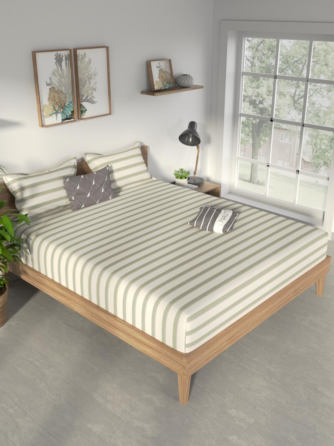 NAUTICA Cotton King Bedsheet with 2 Pillow Covers -3pc Set (Pacific Coast) | 160TC | Super Soft Touch Stripe-Beige/Green-image-20