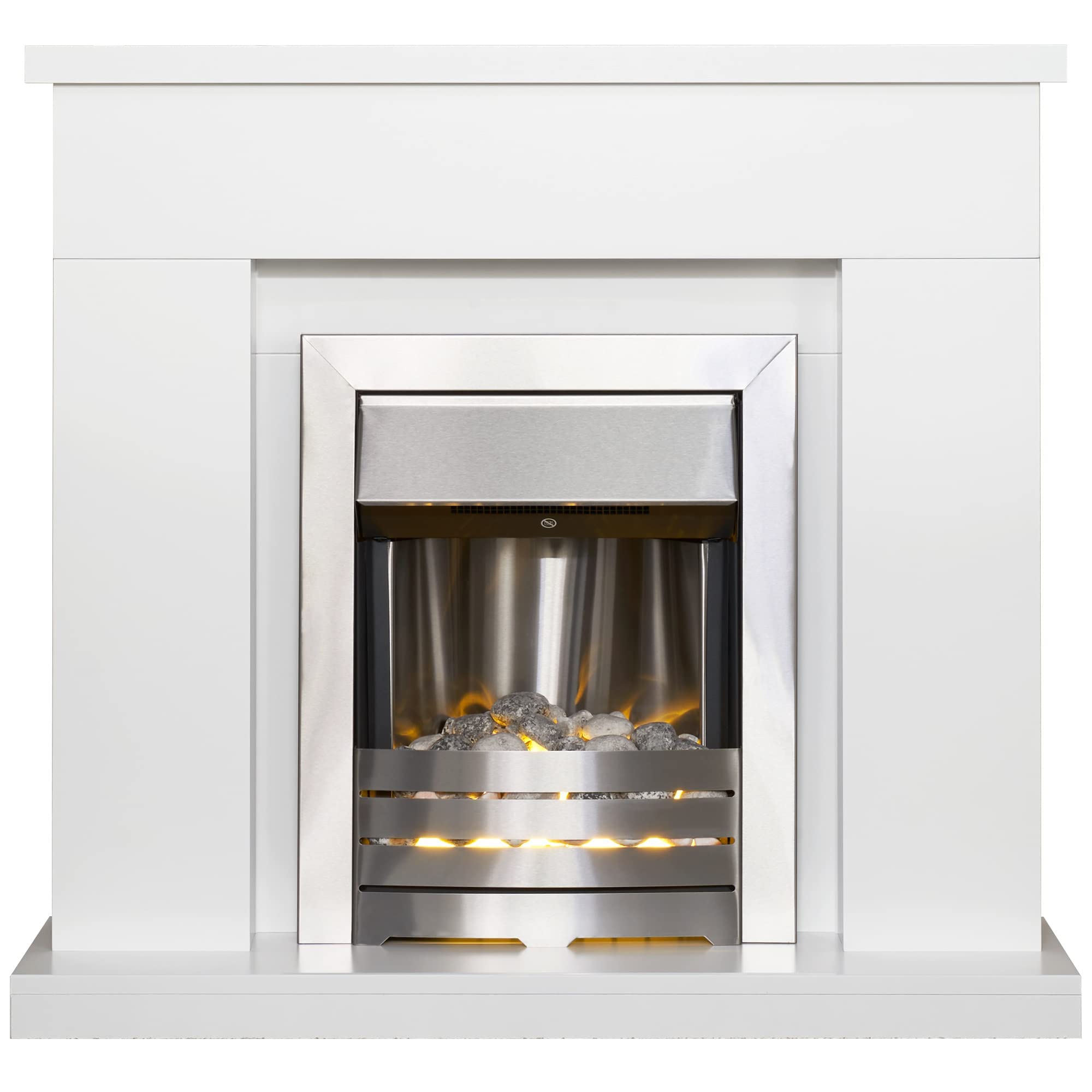 Adam Brushed Steel Lomond Fireplace In Pure White With Helios Electric Fire In 39 Inch