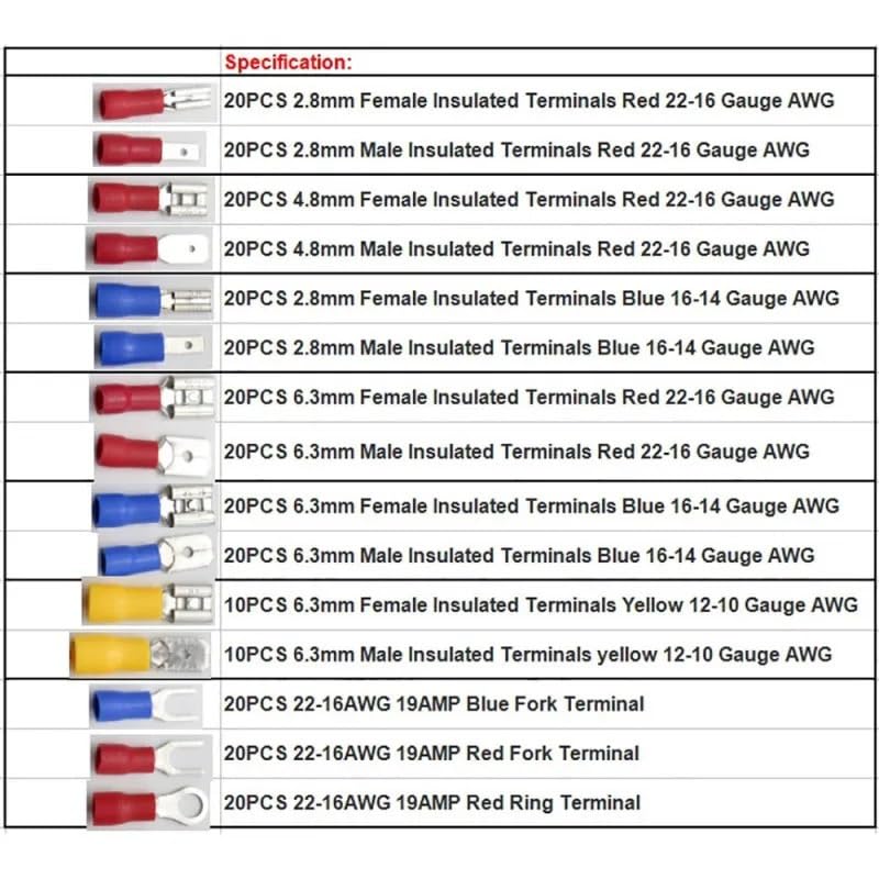 280pcs Spade Insulated Terminals Cable Connector Electrical Wire Crimp Butt Ring Fork Set Ring Lugs Rolled Crimp with Plier VUQLDHAYZ