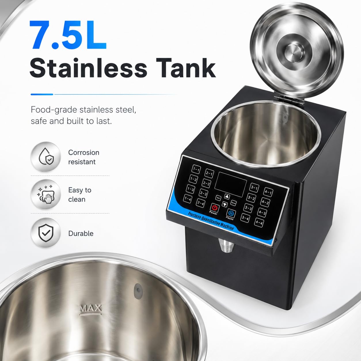 Automatyczny dozownik fruktozy 7,5 l, maszyna do dozowania syropu 450 W ze stali nierdzewnej, dozownik cukru z 16 pamięciami do herbaty bąbelkowej, kawy, baru i herbaciarni