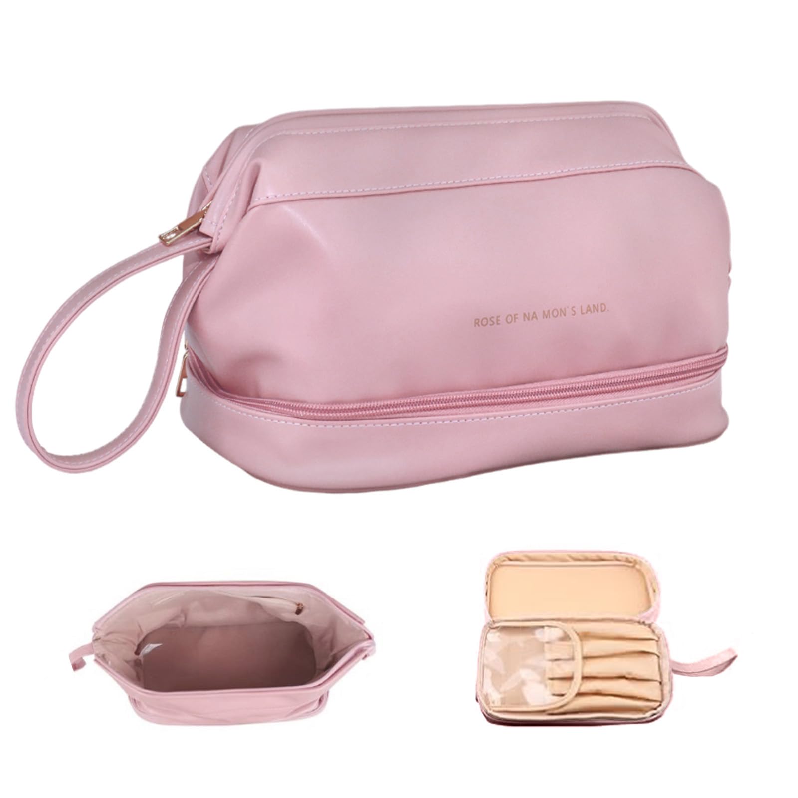 Travel Makeup Bag,Large Capacity Cosmetic Bags for Women and Girls,Waterproof Portable Pouch Open,Large Capacity,2 Layer Toiletry Bag,Make up Organizer with Divider and Handle (pink)