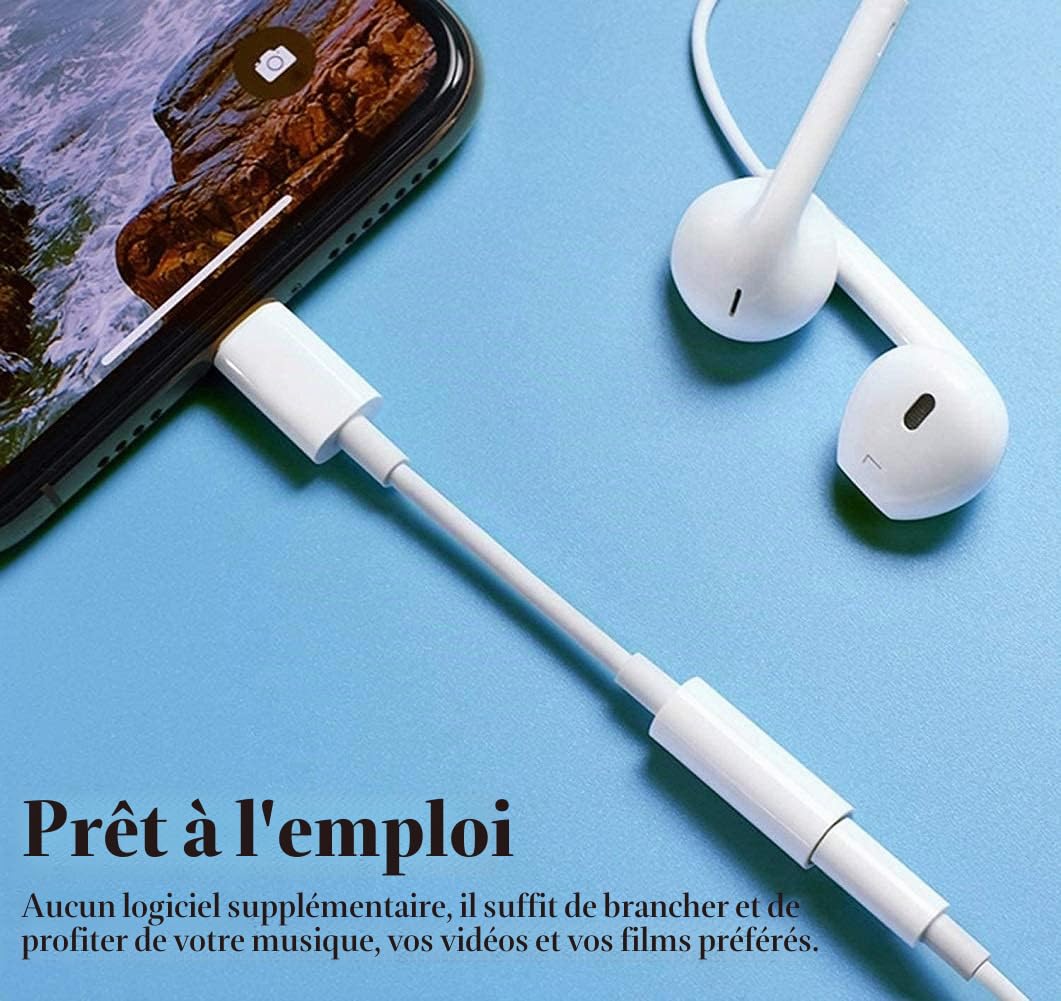 Adaptateur Lightning vers Jack 3,5 mm MFi pour iPhone 14/13/12/11/Xs/XR/X/8/7 - Lot de 2