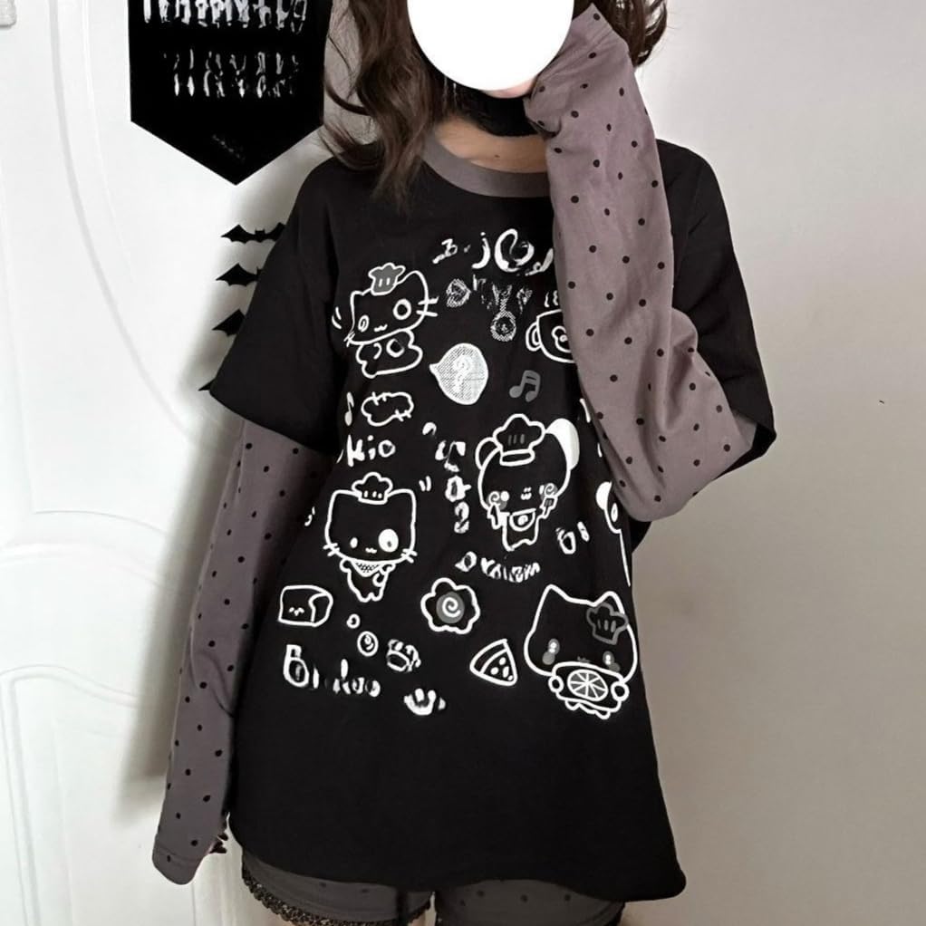 GGOOB Y2k Fake 2 Piece Cute Shirts Women Kawaii Cutecore Graphic Long Sleeve Top Teen Girls 2000s Preppy Aesthetic Clothing - Image 5