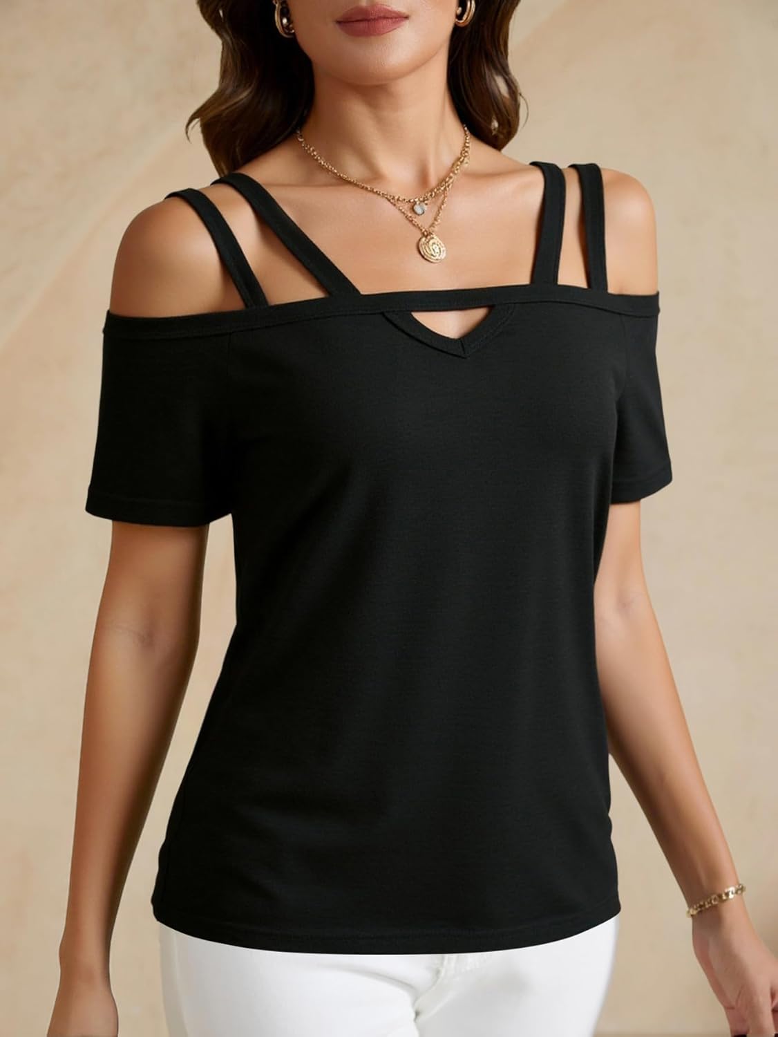 Women's Summer Cold Shoulder Cut Out Tops Dressy Casual Short Sleeve Going Out T Shirts - Image 3