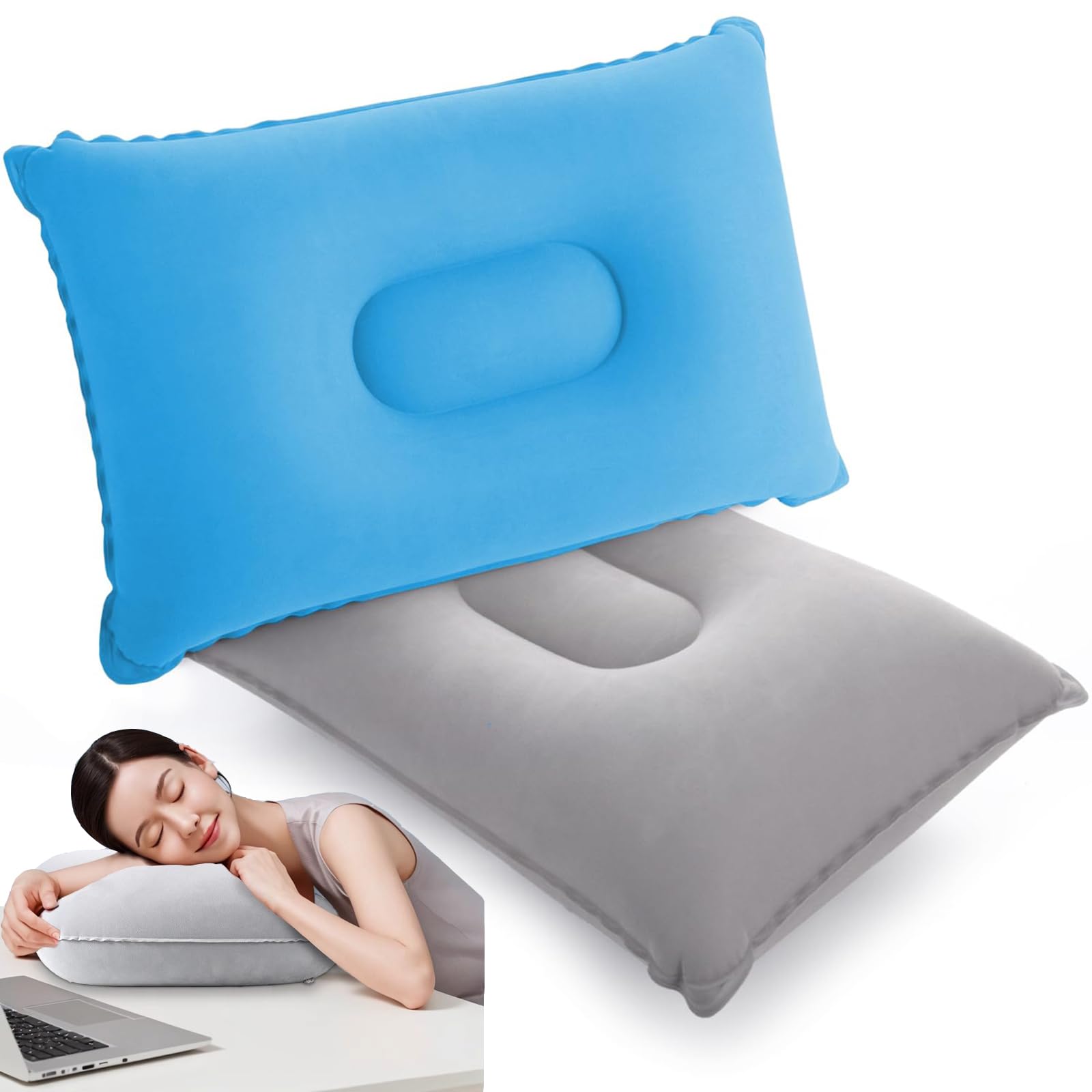 Jidyllic Grey, Azure Inflatable Pillows, 2 Pcs Camping Pillow Compact Portable Blow Up Pillow With Flocking Cushion For Neck And Lumbar Support 34X22cm (Gray+Blue)