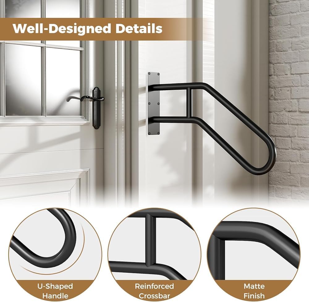 Wall Mount Step Handrail, Heavy-Duty U-Shape Safety Railing for 1-3 Steps, Indoor Outdoor Metal Grab Bar Stair Handrails for Pregnant Women Elderly Disabled ，Garage Railing
