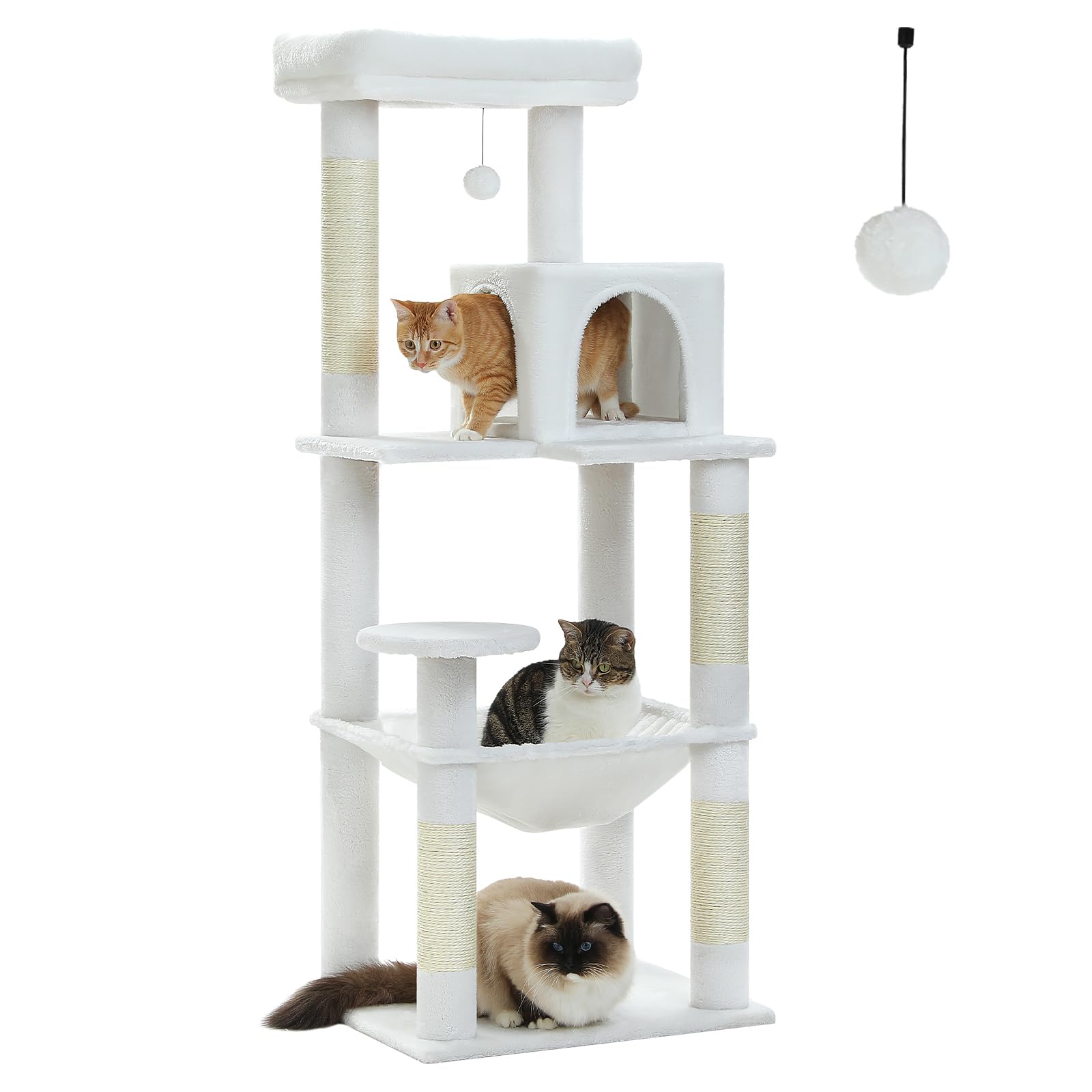PAWZ Road 143cm Cat Tree for Indoor Cats with Metal Frame Large Hammock, 56.3 Inches Big Cat Tower with Scratching Posts and Top Perch, 4.7ft Multi-Level Activity Center with Replaceable Pompon, Beige — view 20
