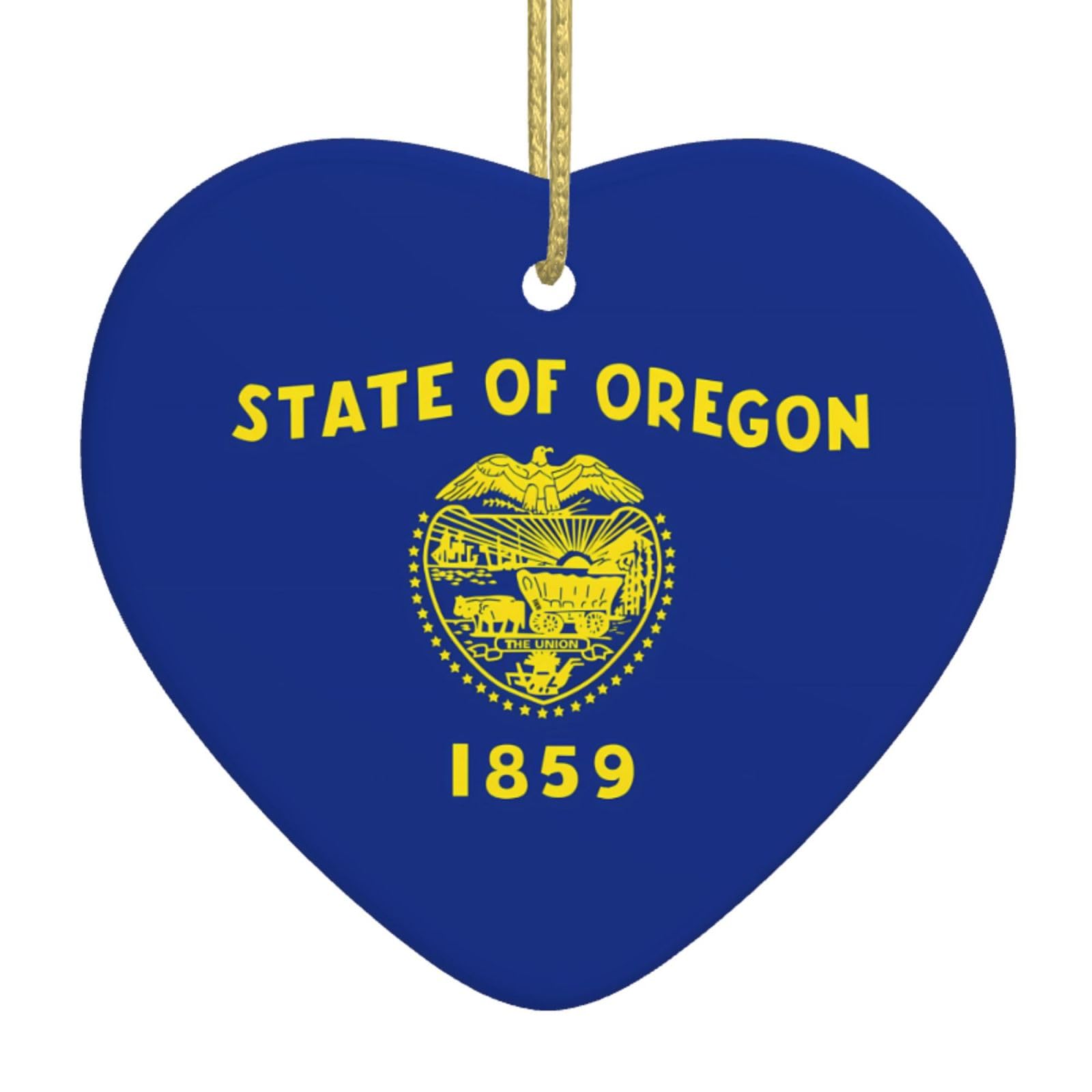 Oregon State Flag Ceramic Christmas Heart Pendant with Silk Thread, Christmas Tree Home Decoration