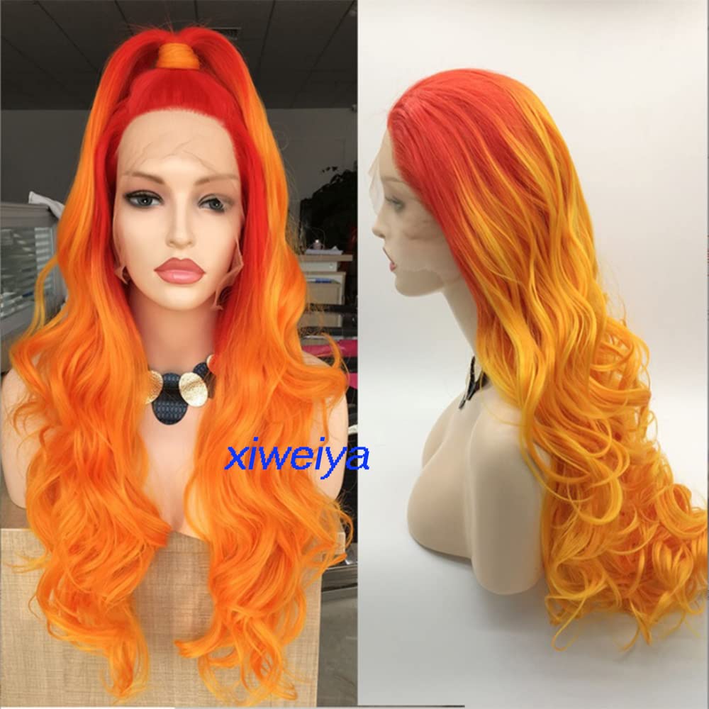 Xiweiya Mixed Ginger Yellow Wavy Synthetic Lace Frontal Wig Middle Part Red Orange Full Lace Wig Heat Resistant Fiber Wig for Women 26inch Xiweiya Mixed Ginger Yellow Wavy Synthetic Lace Frontal Wig Middle Part Red Orange Full Lace Wig Heat Resistant Fiber Wig for Women 26inch