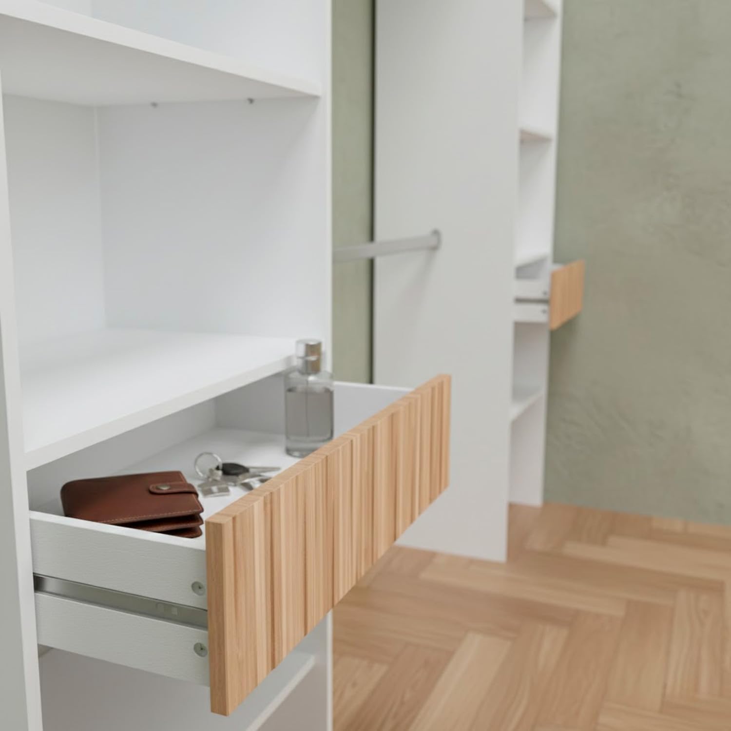 Armadio Guardaroba Aperto Con Ripiani Regolabili 3 Cassetti Doppio Appendiabiti In Alluminio Mobile Armadietto Multiuso Senza Ante Camera Da Letto Cameretta 190 x 187 x 40 Cm Bianco E Rovere Listato